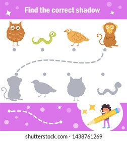 Matching game. Shadow Animals Vector. Cartoon. Isolated art on white background. Flat owl, snake, bird, monkey