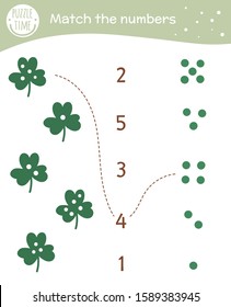 Matching Game With Shamrock Leaves. Saint Patrick’s Day Math Activity For Preschool Children. Spring Counting Worksheet. Educational Riddle With Cute Funny Elements