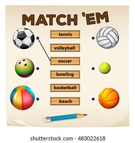 Matching game with sports and balls illustration