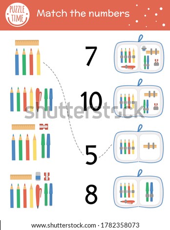 Matching game with stationery and pencil case. Back to school math activity for preschool children. Autumn counting worksheet. Educational printable with cute funny elements for kids
