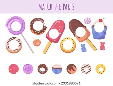 Matching game with sweets concept. Puzzle and riddle for kids. Educational materials, logic game for children. Ice cream and donuts. Cartoon flat vector illustration isolated on white background