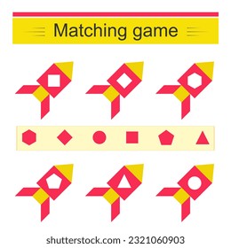 Matching game. Task for the development of attention and logic. Vector illustration of the cartoon rocket.