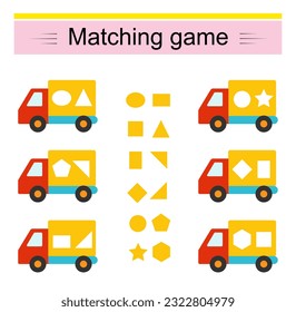 Matching game. Task for the development of attention and logic. Vector illustration of the cartoon truck.