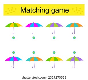 Matching game. Task for the development of attention and logic. Vector illustration of cartoon umbrella. 