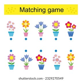 Matching game. Task for the development of attention and logic. Vector illustration of the flower pots.