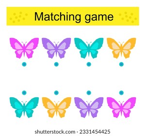 Matching game. Task for the development of attention and logic. Vector illustration of cartoon butterfly. 