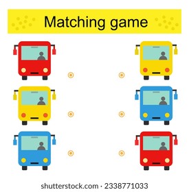 Matching game. Task for the development of attention and logic. Vector illustration of the cartoon autobus.