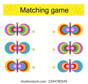Juego coincidente. Tarea para el desarrollo de la atención y la lógica. Ilustración vectorial de la mariposa de dibujos.
