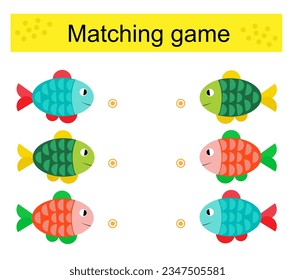Matching game. Task for the development of attention and logic. Vector illustration of the cartoon fish.
