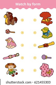 Matching game, vector education game for children. Connect girl's toys and gifts by shape