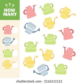 Matching game with watering cans. Garden math activity for preschool children. Spring counting worksheet.