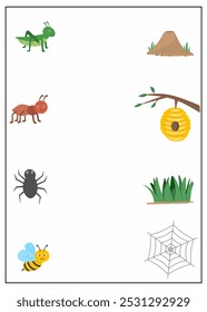 Matching insects with their homes, insects habitat activity for kids, animal with their homes worksheet for kids 