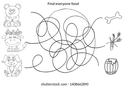 Matching kids game, maze kids activity. Help the animals find food. Vector graphics