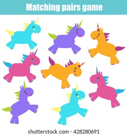 Matching pairs game for kids. Find the right pair for each unicorn
