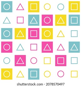Matching pairs geometry game memory training. Circle, triangle, square tile on pink teal yellow white background. EPS 10