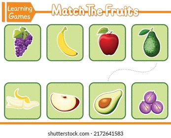 Matching Parts Of Fruits. Matching Children Educational Game. Activity For Preschool Years Kids And Toddlers. Vector Illustration. Learning Game