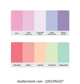 Matching pastel color palette guide catalog collection  RGB HEX codes and color names  Suitable for fashion Branding etc  2 color palettes each contain 5 colors  Including green pink purple 