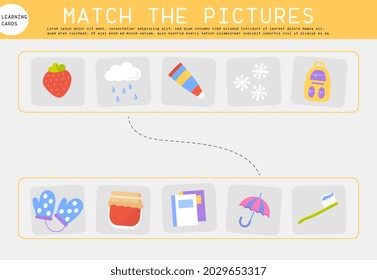 Matching pictures worksheet game for children education on grey background. Match the pictures. Activity for preschool year kids and toddlers. Flat cartoon vector illustration