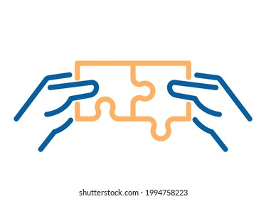 Matching puzzle pieces vector thin line icon. Two hands joining and linking together two pieces of a jigsaw puzzle. Business solutions, ideas, creativity, problem solving and partnerships