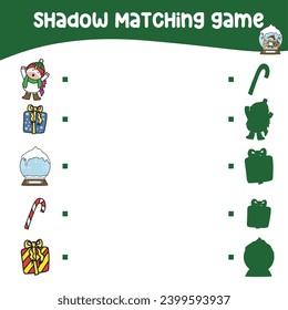 Matching shadow the Christmas items for children. Find the correct shadow. Educational matching game for children with cartoon character. Worksheet for kid. Educational printable activity page. Vector