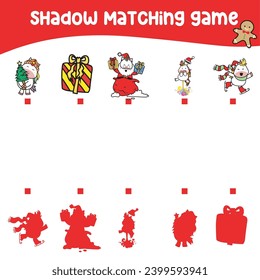 Matching shadow the Christmas items for children. Find the correct shadow. Educational matching game for children with cartoon character. Worksheet for kid. Educational printable activity page. Vector