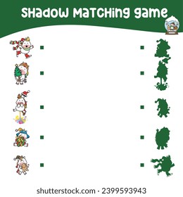 Matching shadow the Christmas items for children. Find the correct shadow. Educational matching game for children with cartoon character. Worksheet for kid. Educational printable activity page. Vector