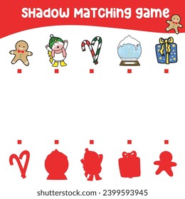Matching shadow the Christmas items for children. Find the correct shadow. Educational matching game for children with cartoon character. Worksheet for kid. Educational printable activity page. Vector