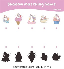 Matching shadow game for children. Cute unicorn worksheet. Vector illustrations.