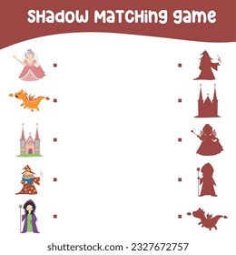 Matching shadow game for children. Find the correct shadow with Medieval Kingdom Fairytale Theme. Matching the image with the shadow. Printable activity page for kids. Vector file. 