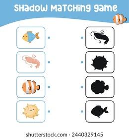 Matching shadow game for children. Find the correct shadow. Worksheet for kid. Printable activity page for kids. Learning Game. Vector file. 