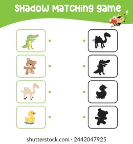 Matching shadow game for children. Find the correct shadow. Worksheet for kid. Printable activity page for kids. Learning Game. Vector file. 