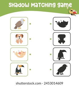 Matching shadow game for children. Find the correct shadow. Worksheet for kid. Printable activity page for kids. Learning Game. Vector file. 