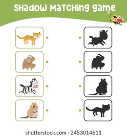 Juego de sombras a juego para niños. Encuentra la sombra correcta. Hoja de cálculo para niños. Página de actividad imprimible para niños. Juego de aprendizaje. archivo de Vector. 