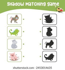 Matching shadow game for children. Find the correct shadow. Worksheet for kid. Printable activity page for kids. Learning Game. Vector file. 