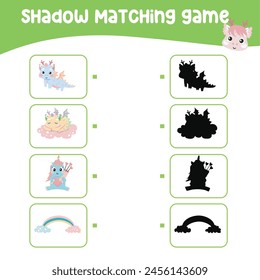 Matching shadow game for children. Find the correct shadow. Worksheet for kid. Printable activity page for kids. Learning Game. Vector file. 