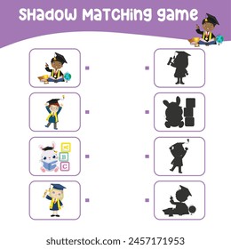 Matching shadow game for children. Find the correct shadow. Worksheet for kid. Printable activity page for kids. Learning Game. Vector file. 