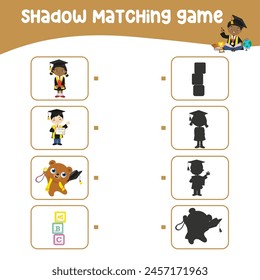 Matching shadow game for children. Find the correct shadow. Worksheet for kid. Printable activity page for kids. Learning Game. Vector file. 