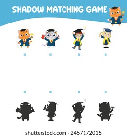 Matching shadow game for children. Find the correct shadow. Worksheet for kid. Printable activity page for kids. Learning Game. Vector file. 