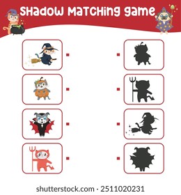 Matching shadow game for children. Find the correct shadow. Worksheet for kid. Printable activity page for kids. Learning Game. 