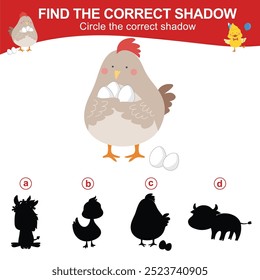 Matching shadow game for children. Find the correct shadow. Circle the correct shadow. Worksheet for kid. Printable activity page for kids. Learning Game. 