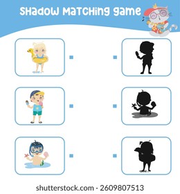 Matching shadow game for children. Find the correct shadow. Worksheet for kid. Printable activity page for kids. Learning Game.