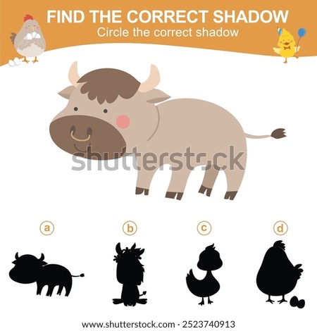 Matching shadow game for children. Find the correct shadow. Circle the correct shadow. Worksheet for kid. Printable activity page for kids. Learning Game. 