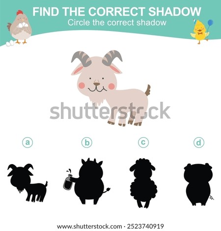 Matching shadow game for children. Find the correct shadow. Circle the correct shadow. Worksheet for kid. Printable activity page for kids. Learning Game. 