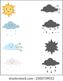 Matching shadow worksheet for kindergarten, find the correct shadow activity, weather worksheet for kids