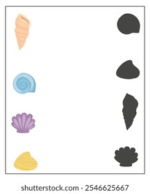 Matching shadow worksheet for kindergarten, find the correct shadow activity, shell worksheet for kids