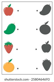 Matching shadow worksheet for kindergarten, find the correct shadow activity, fruits worksheet for kids