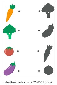 Matching shadow worksheet for kindergarten, find the correct shadow activity, vegetables worksheet for kids