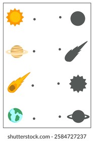 Matching shadow worksheet for kindergarten, find the correct shadow activity, space worksheet for kids