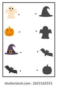 Matching shadow worksheet for kindergarten, find the correct shadow activity, halloween worksheet for kids