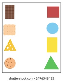 Matching shapes activity for kids, find the correct shape worksheet, matching shapes printable (chocolate, biscuit, cheese and cookies)